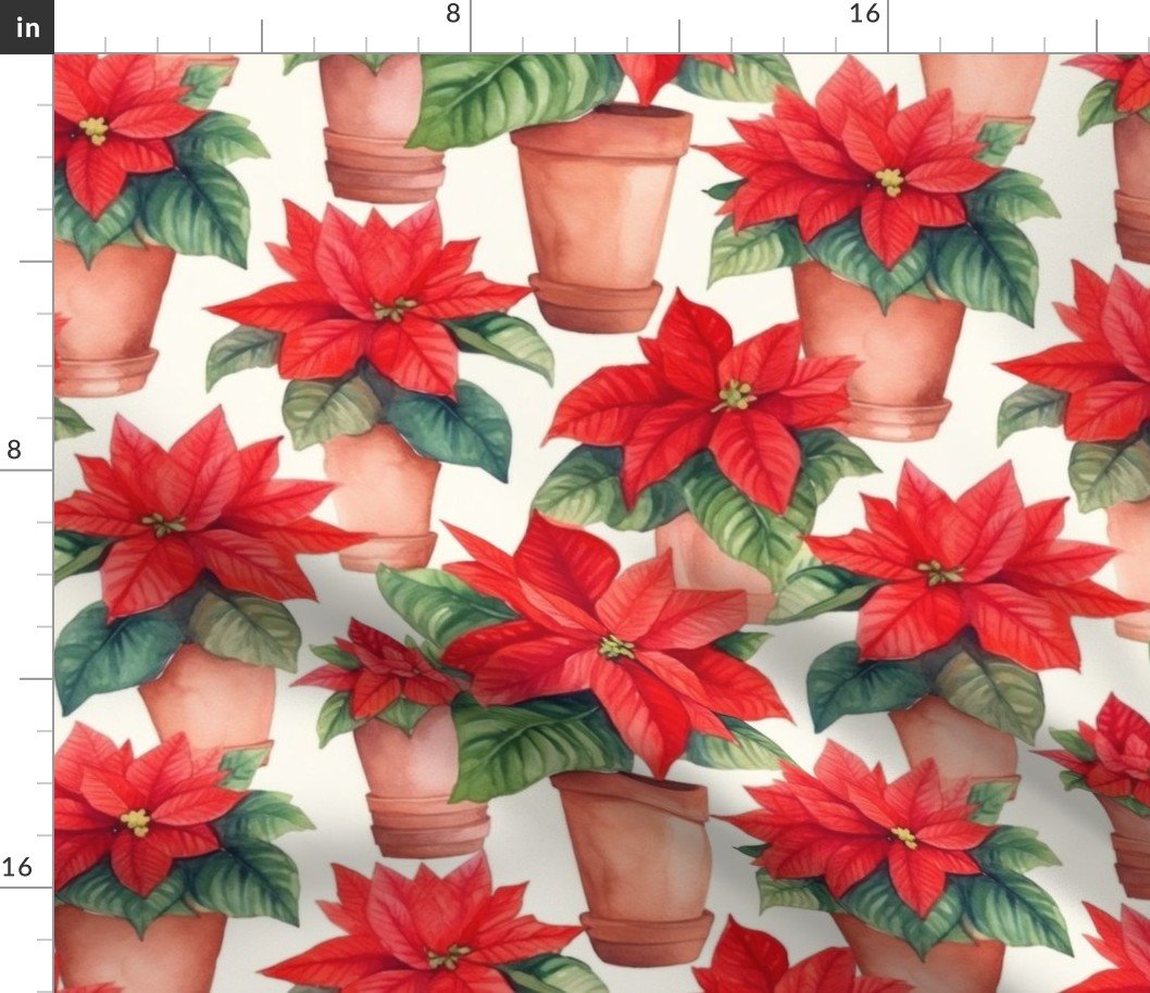 Potted Red Christmas Poinsettias Watercolor on White Fabric