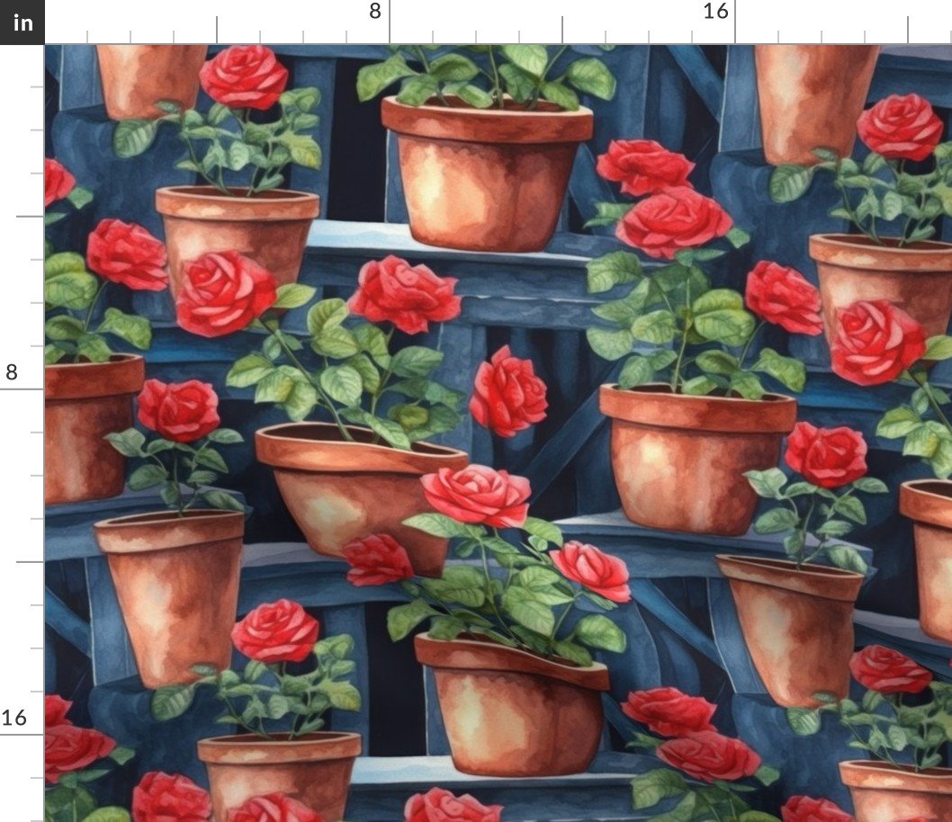 Potted Red Rose Plants Watercolor on Blue Shelves Fabric
