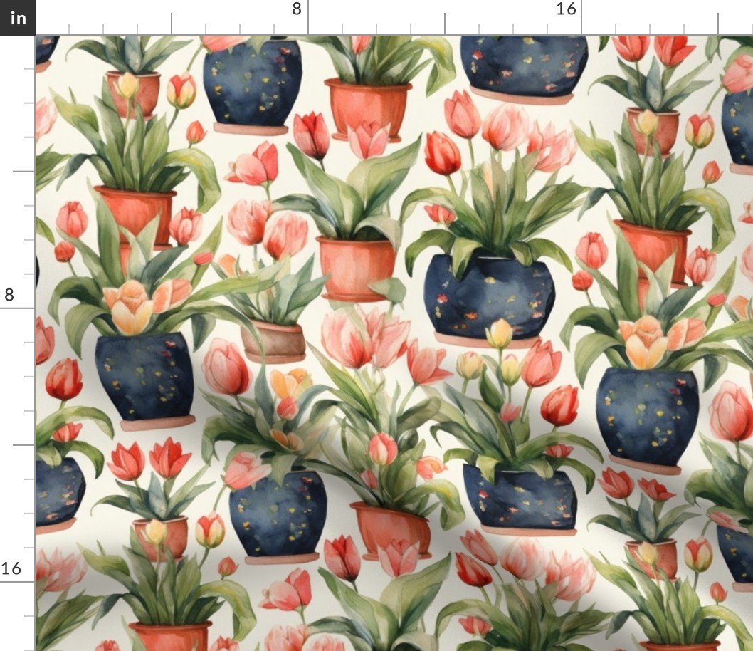 Potted Red Tulip Plants Watercolor Fabric Potted Red Tulip Plants Watercolor Fabric