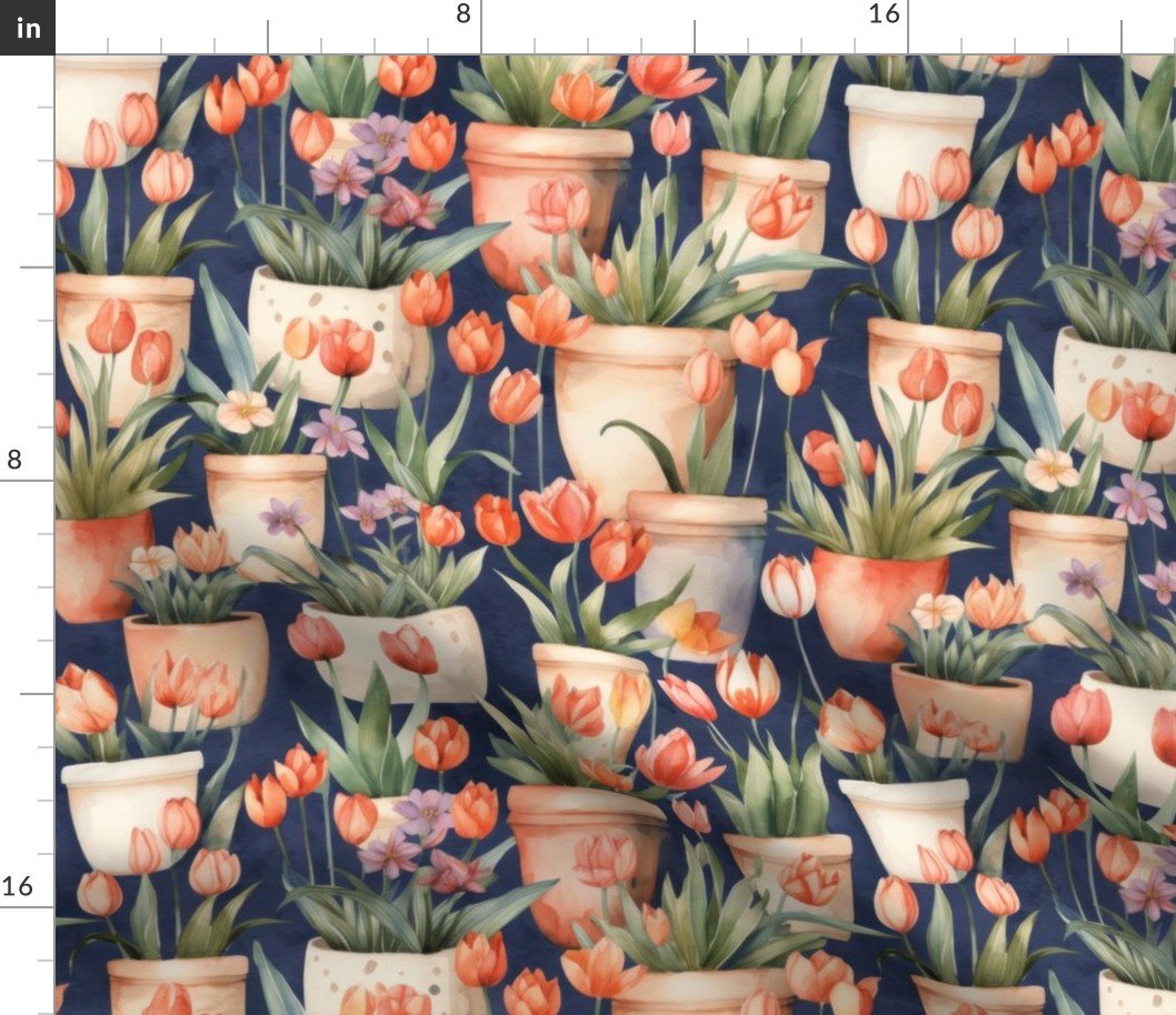 Potted Red Tulip Plants Watercolor on Blue Fabric Potted Red Tulip Plants Watercolor on Blue Fabric