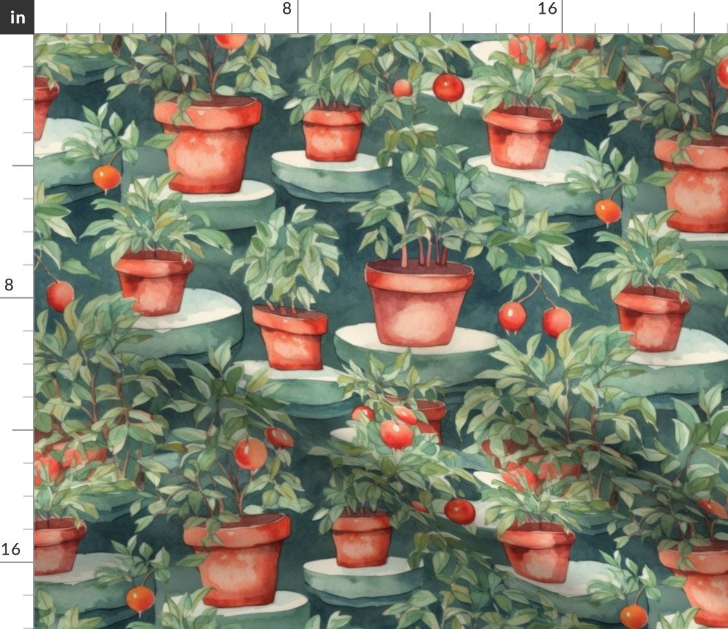 Potted Tomato Plants Watercolor on Green Fabric