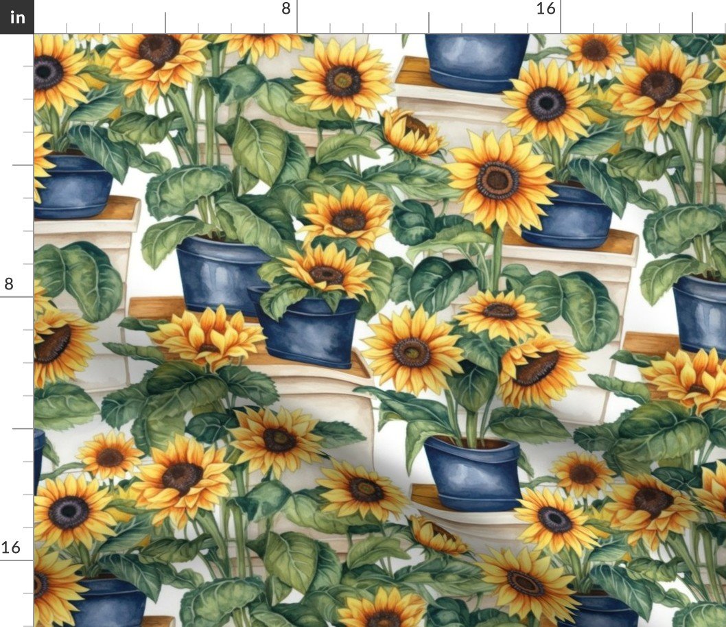 Potted Yellow Sunflower Plants Watercolor Fabric Potted Yellow Sunflower Plants Watercolor Fabric
