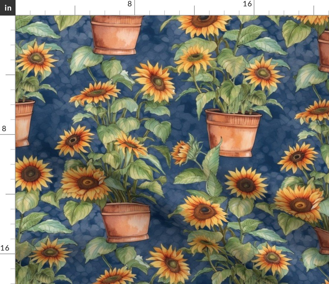 Potted Yellow Sunflower Plants Watercolor on Blue Fabric Potted Yellow Sunflower Plants Watercolor on Blue Fabric