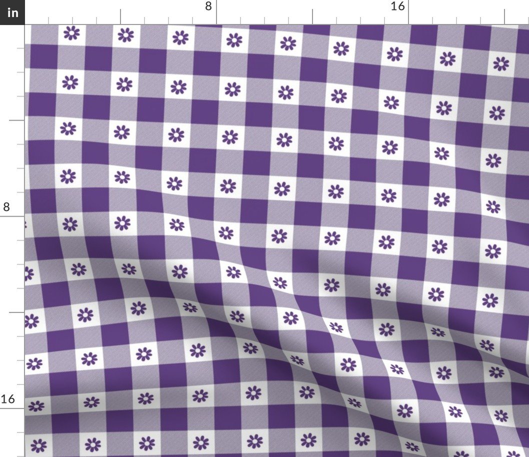 Purple Grape and White Gingham Check with Center Floral Medallions in Purple Fabric Purple Grape and White Gingham Check with Center Floral Medallions in Purple Fabric