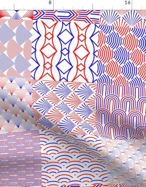 Red, White  and Blue USA  6 inch Squares Art Deco Cheater Quilt Geometrics Fabric