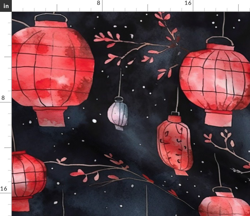 Red Glowing Chinese Paper Lanterns Watercolor Fabric Red Glowing Chinese Paper Lanterns Watercolor Fabric