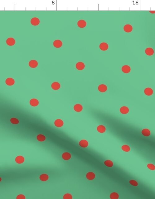 Red Vermillion Polka Dots on Vintage Christmas Green Fabric