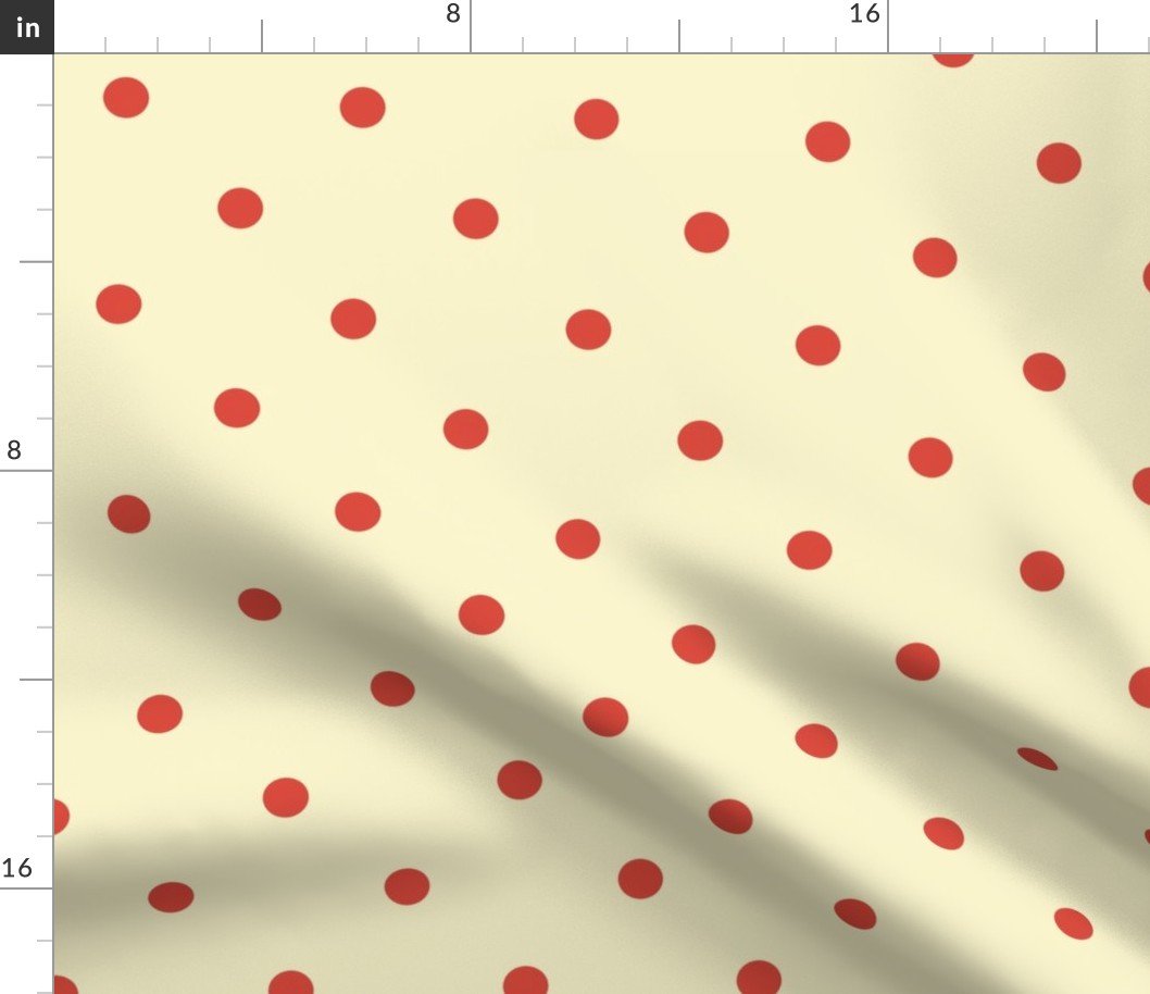 Red Vermillion Polka Dots on Vintage Christmas Yellow Gold Fabric Red Vermillion Polka Dots on Vintage Christmas Yellow Gold Fabric