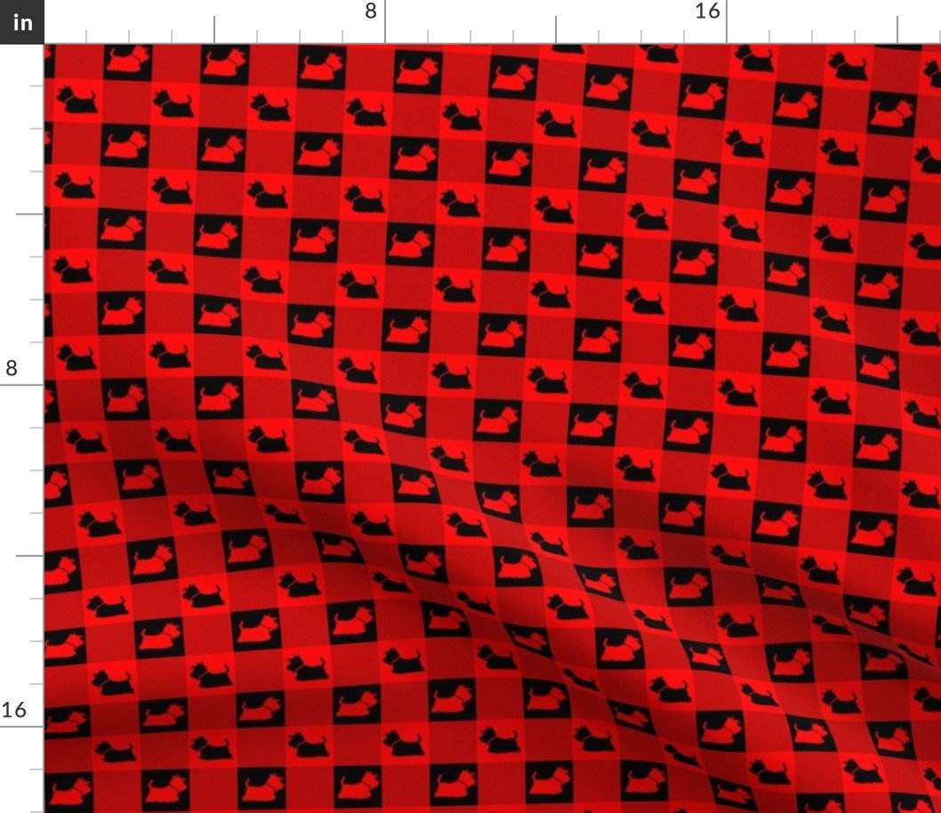 Red  and Black Gingham Check with Center Scottie Medallions in Red  and Black Fabric