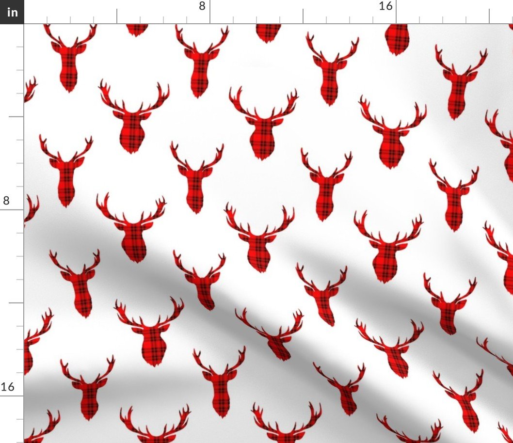 Red and Black Tartan Silhouetted Buck Deer Trophy Heads with Antler Racks Mounted on White Fabric