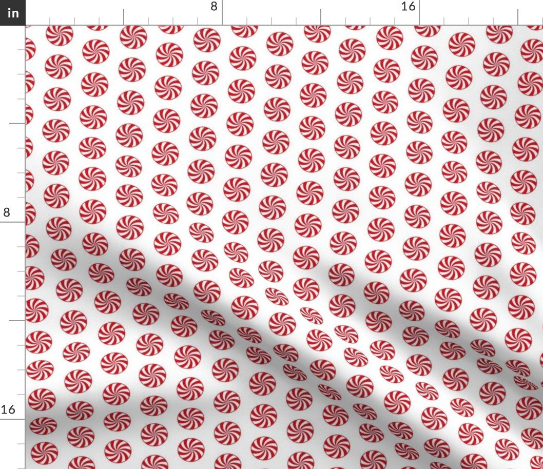 Red and White Peppermint Christmas Candy Swirls on White Fabric Red and White Peppermint Christmas Candy Swirls on White Fabric