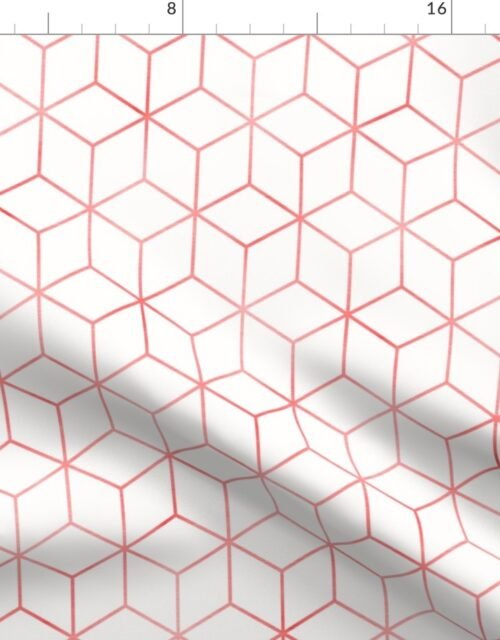 Red and White  Faux Metallic Silver Art Deco 3D Geometric Cubes Fabric