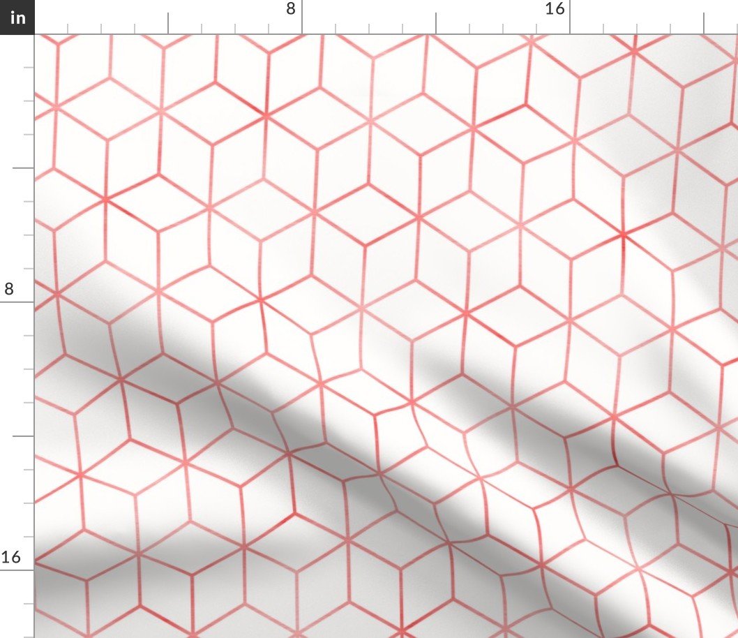 Red and White  Faux Metallic Silver Art Deco 3D Geometric Cubes Fabric