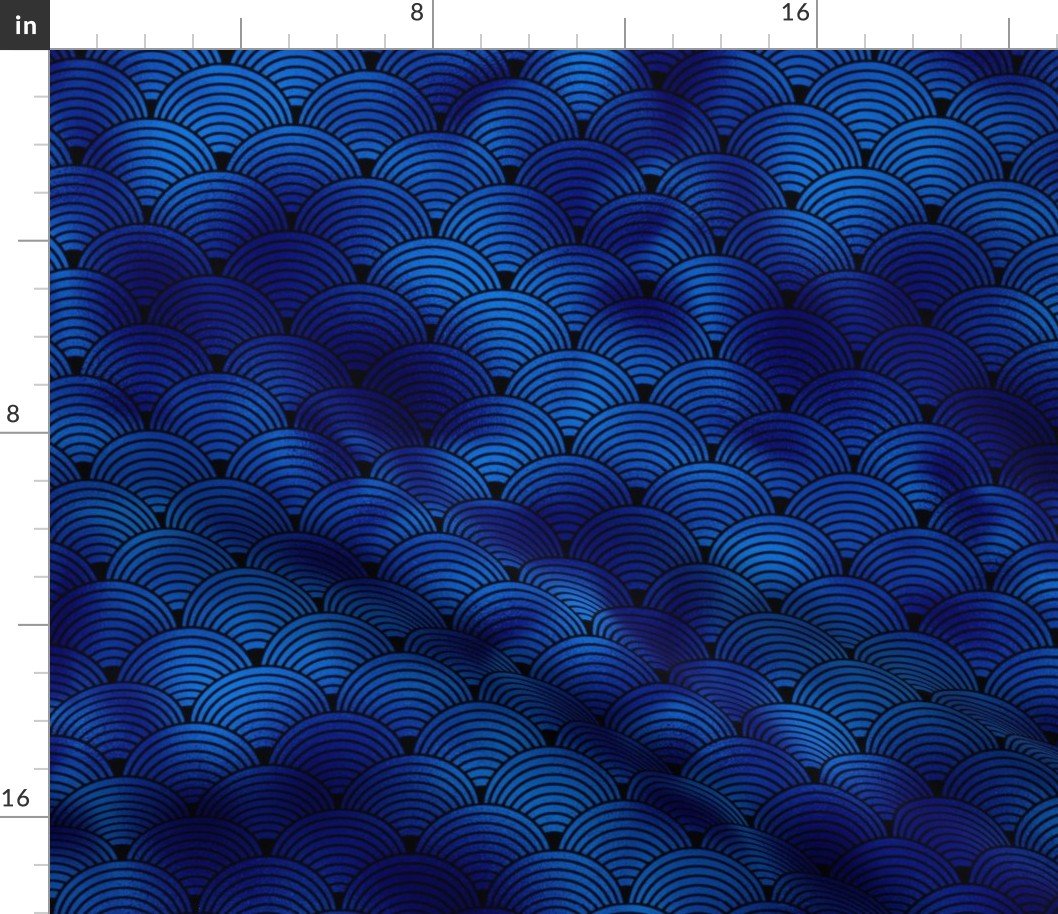 Ringed Scales in Black and Classic Blue Vintage Faux Foil Art Deco Vintage Foil Pattern Fabric