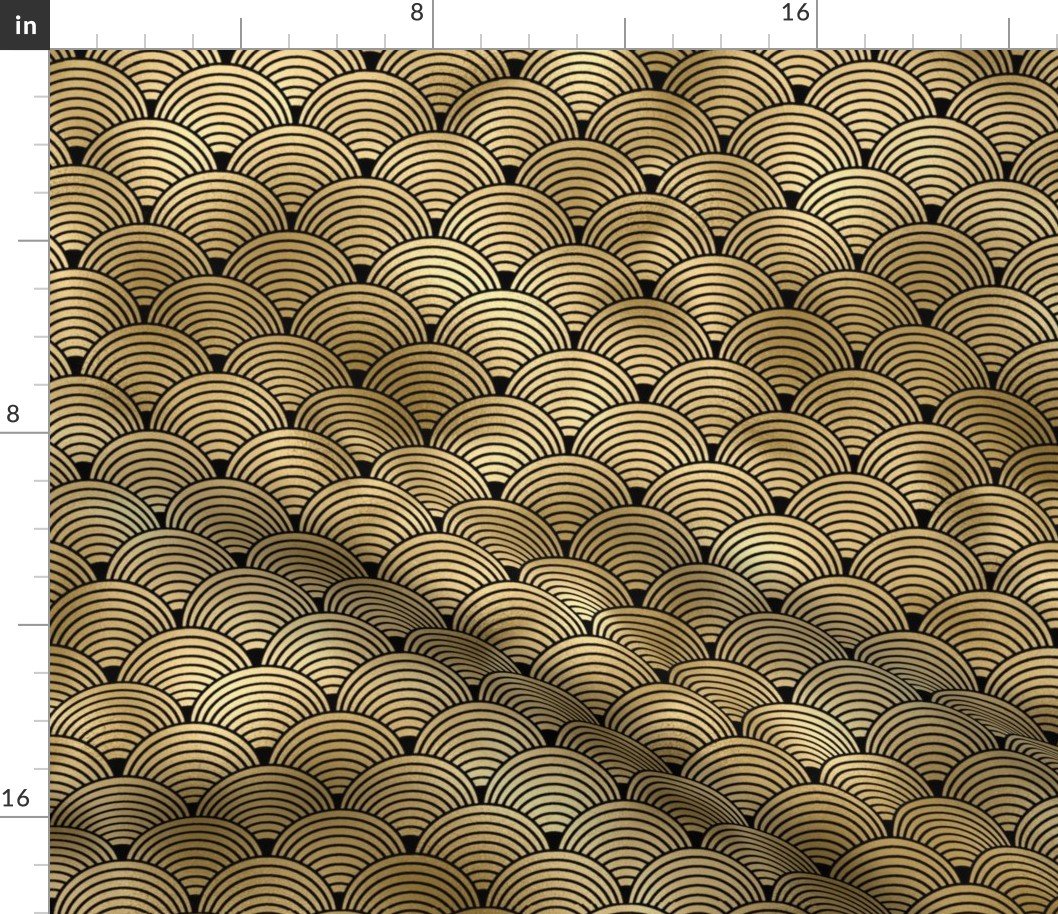 Ringed Scales in Black and Gold Vintage Faux Foil Art Deco Vintage Foil Pattern Fabric