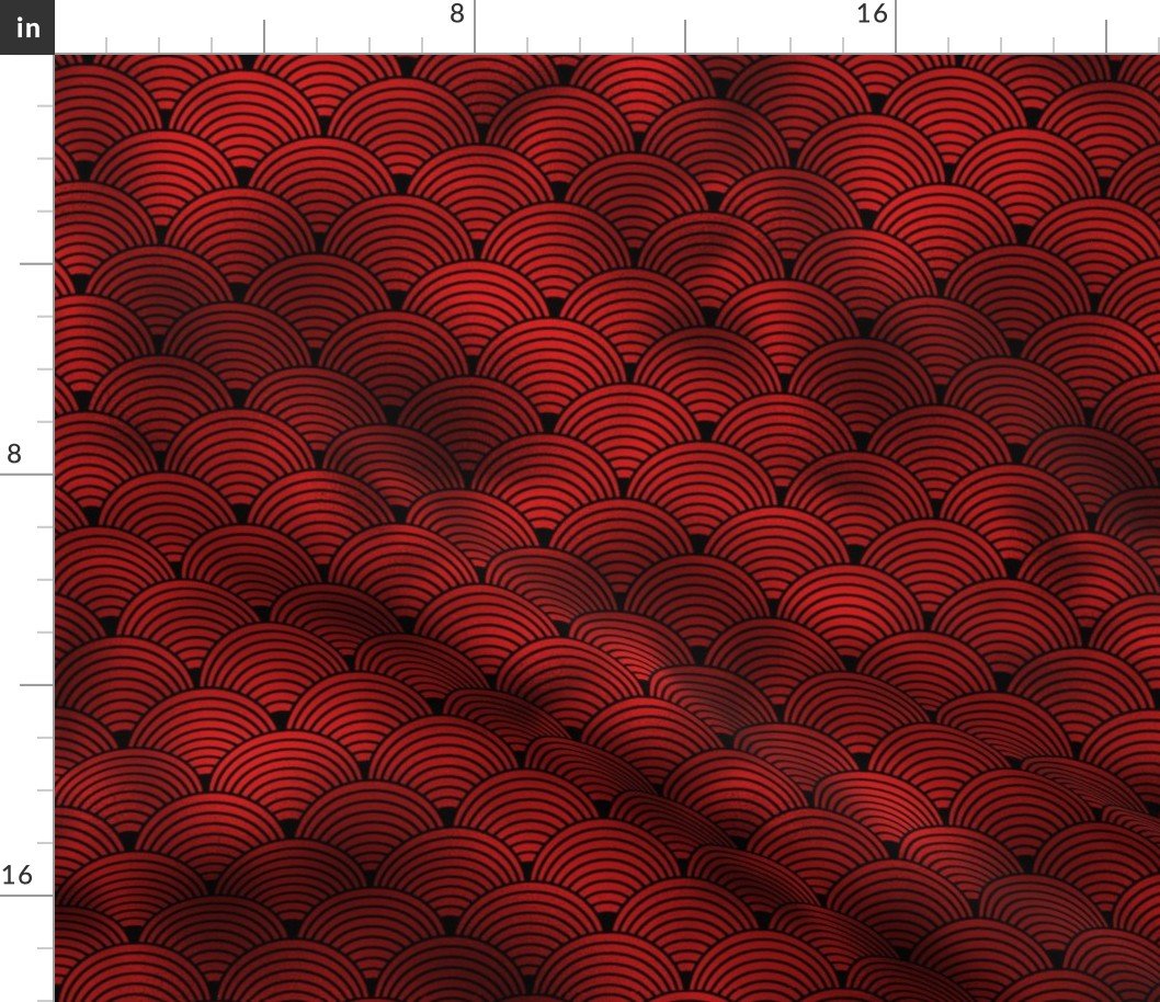 Ringed Scales in Black and Ruby Red Vintage Faux Foil Art Deco Vintage Foil Pattern Fabric