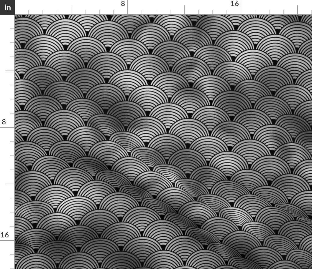 Ringed Scales in Black and Silver Vintage Faux Foil Art Deco Vintage Foil Pattern Fabric