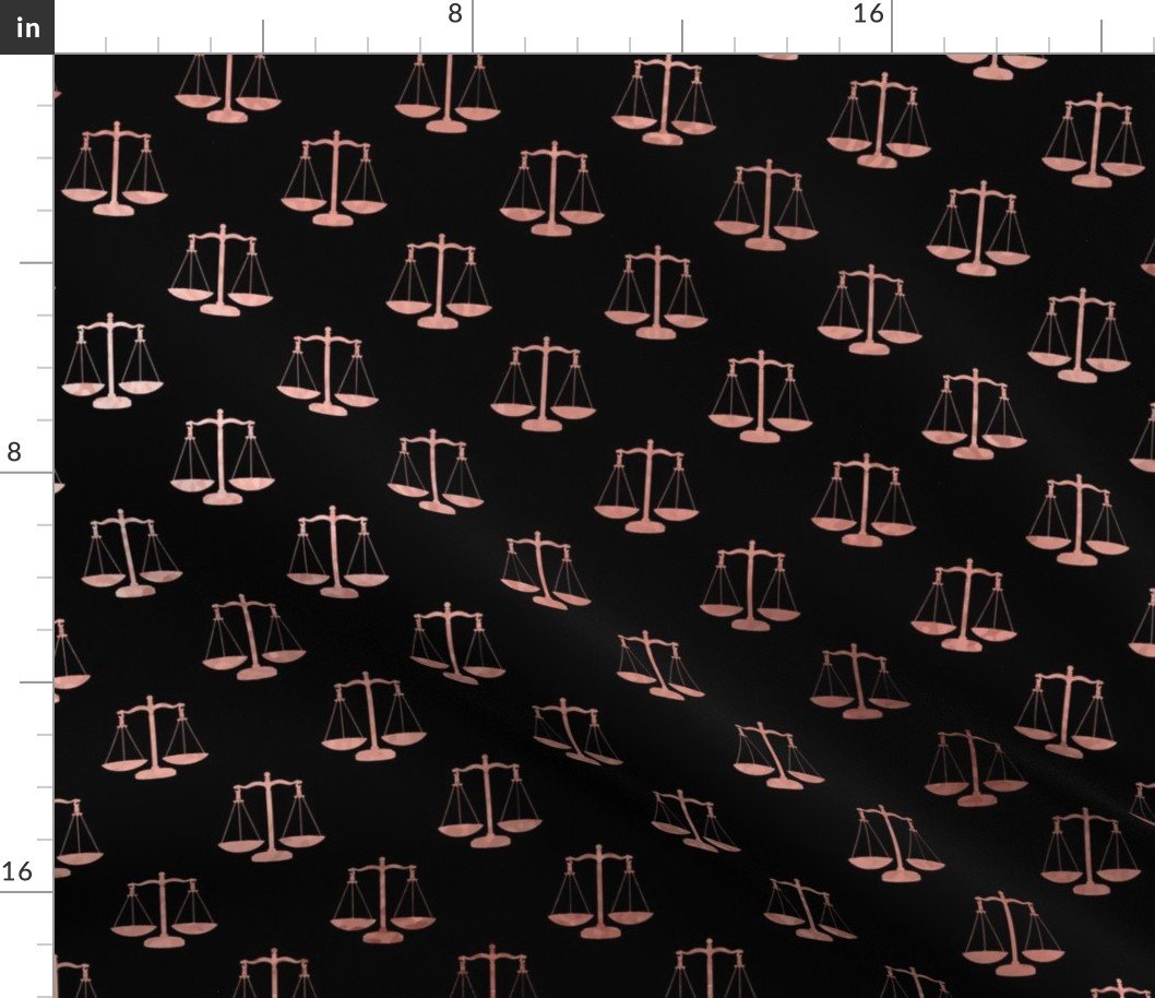 Rose Gold Faux Foil Photo Effect Scales Of Justice on Black Repeat Pattern All Over Print Fabric Rose Gold Faux Foil Photo Effect Scales Of Justice on Black Repeat Pattern All Over Print Fabric