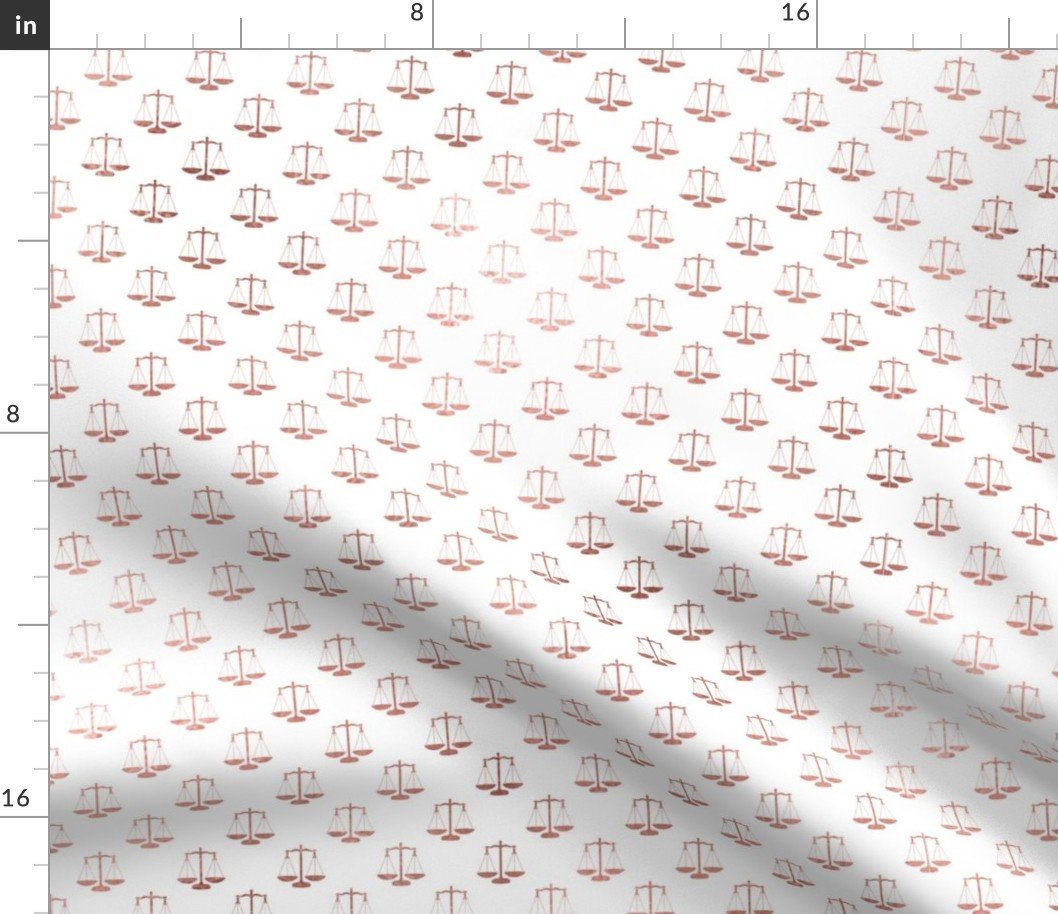 Rose Gold Faux Foil Photo Effect Small Scales Of Justice on White Repeat Pattern All Over Print Fabric