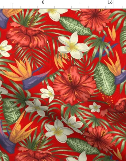 Ruby Red Hawaiian Tropical Rainforest Birds Plumeria Fabric