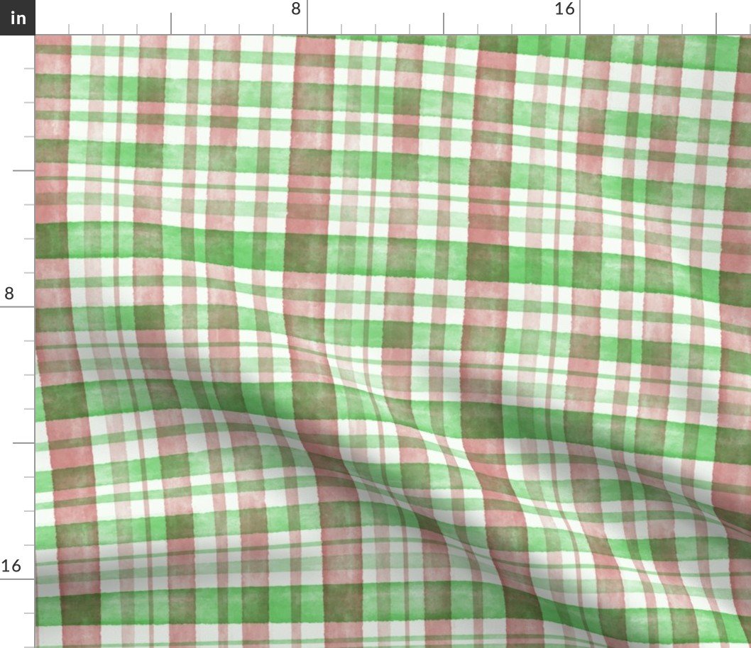 Rust Red and Green Watercolor Tartan Checked Plaid Fabric
