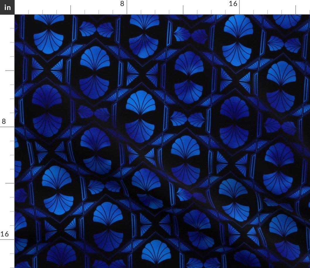 Scallop Shells in Black and Classic Blue Art Deco Vintage Faux Foil Pattern Fabric