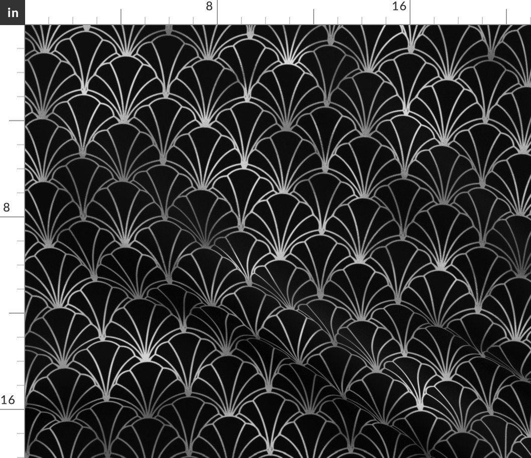 Scallop Shells in Black and Faux Silver Foil Art Deco Vintage Foil Pattern Fabric Scallop Shells in Black and Faux Silver Foil Art Deco Vintage Foil Pattern Fabric