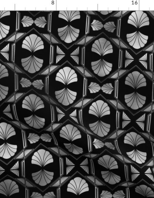 Scallop Shells in Black and Faux Silver Foil Art Deco Vintage Foil Pattern Fabric