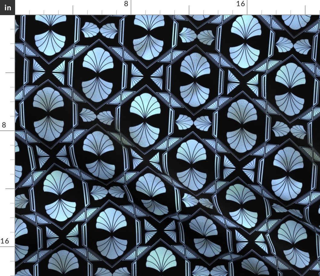 Scallop Shells in Black and Pearl Art Deco Vintage Foil Pattern Fabric