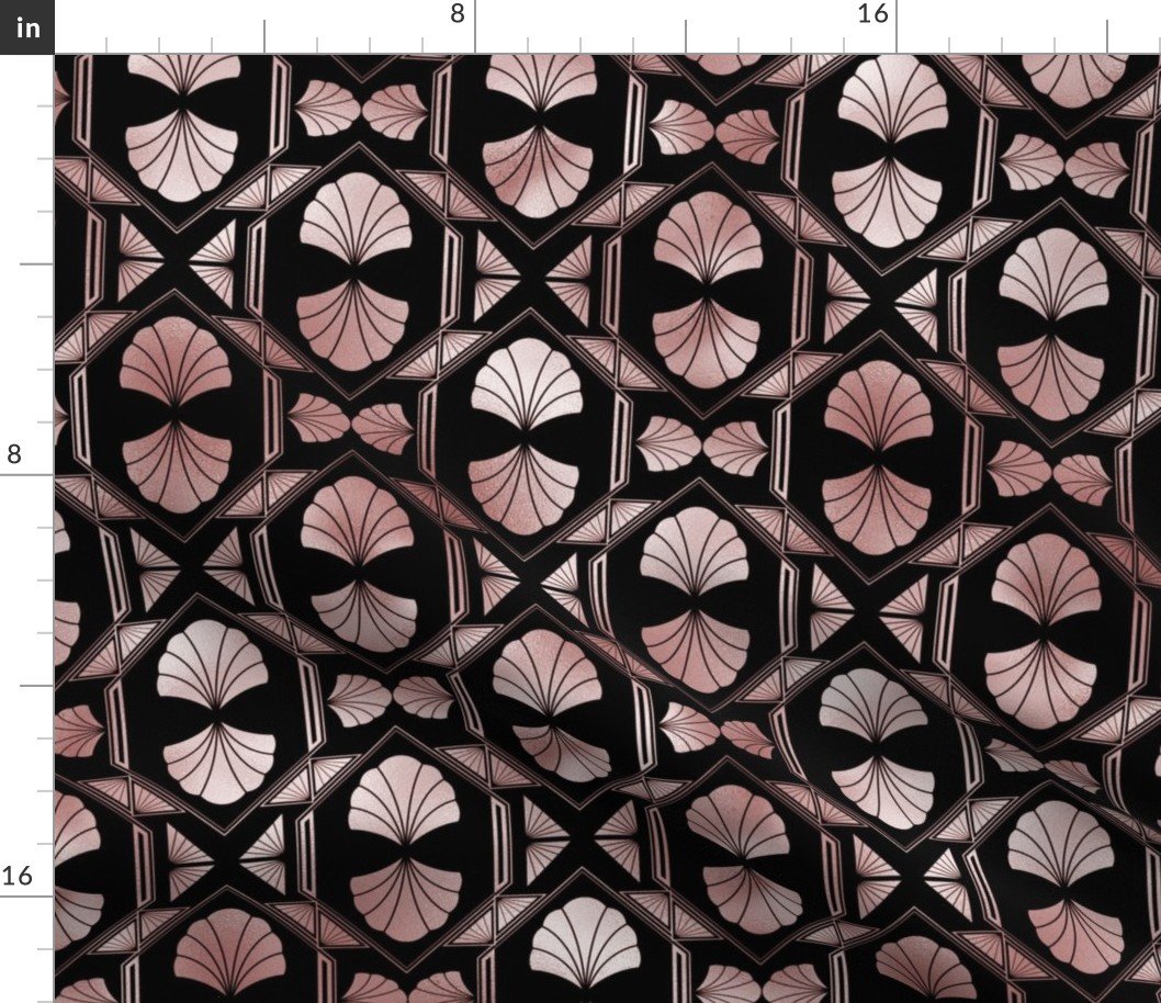 Scallop Shells in Black and Rose Gold Art Deco Vintage Foil Pattern Fabric