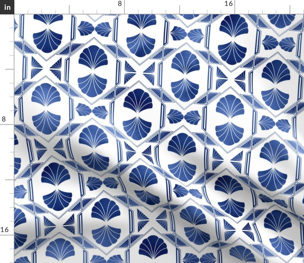 Scallop Shells in Blue and White Art Deco Vintage Foil Pattern Fabric