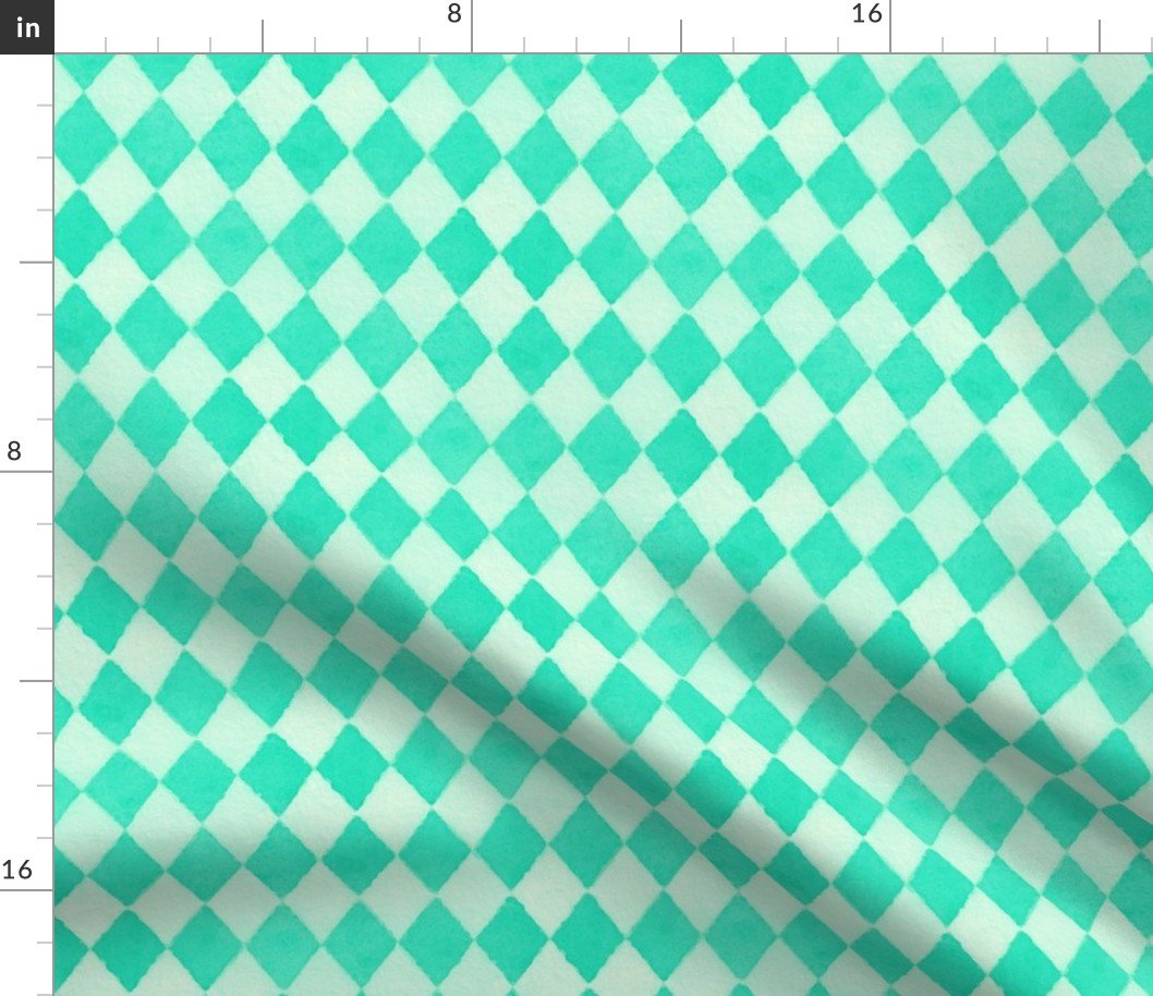 Seafoam Green  and White Large Watercolored  Diagonal Diamond Fabric