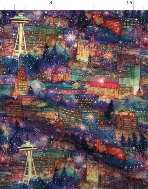 Seattle at New Year's in Watercolors with Fairy Lights and Landmarks Fabric