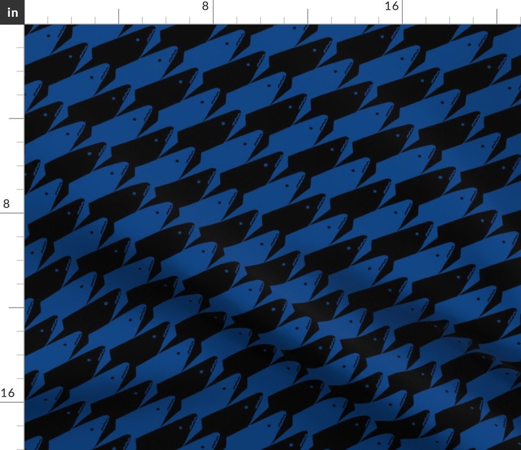 Sharkstooth Sharks Pattern Repeat in Black and Blue Fabric Sharkstooth Sharks Pattern Repeat in Black and Blue Fabric