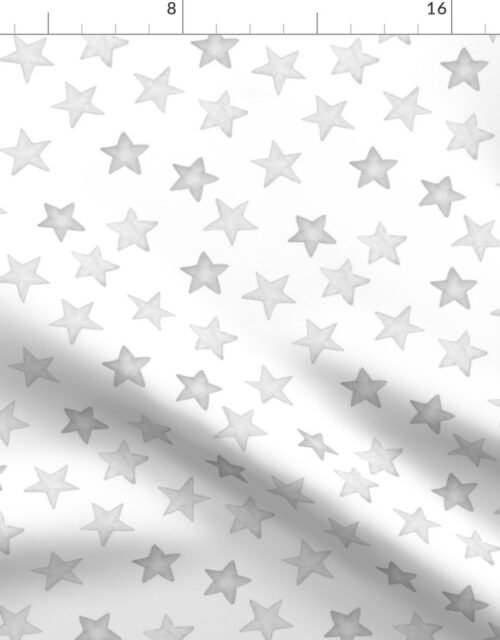 Silver Grey Faded Christmas Stars on White Fabric