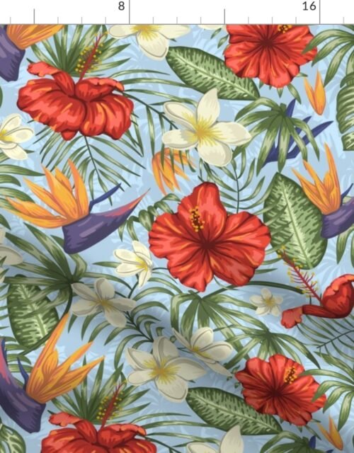 Sky Blue Hibiscus Tropical Rainforest Birds of Paradise and Plumeria Fabric