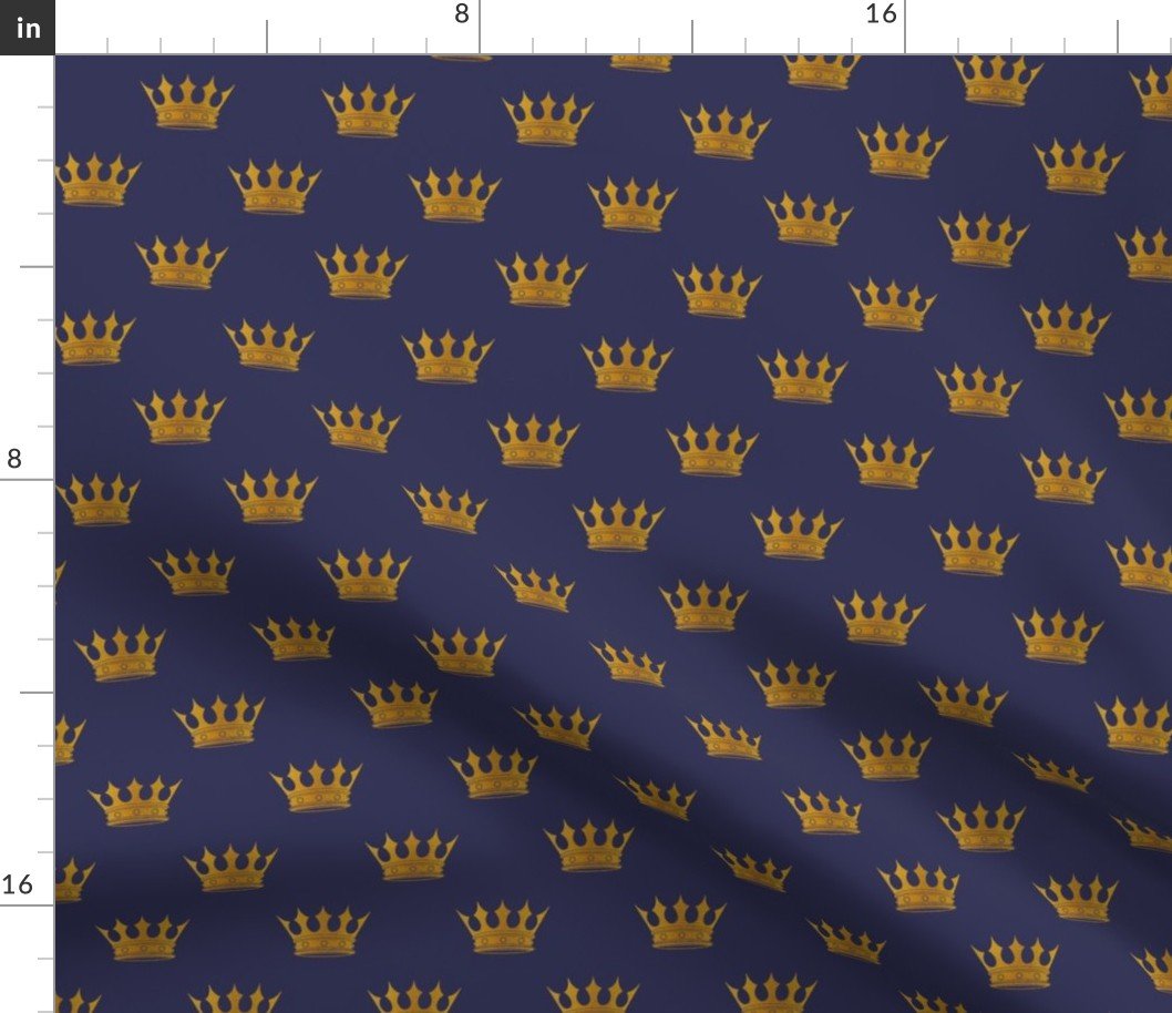 Small 1.5 Inch Gold Crowns on Royal Blue Fabric Small 1.5 Inch Gold Crowns on Royal Blue Fabric