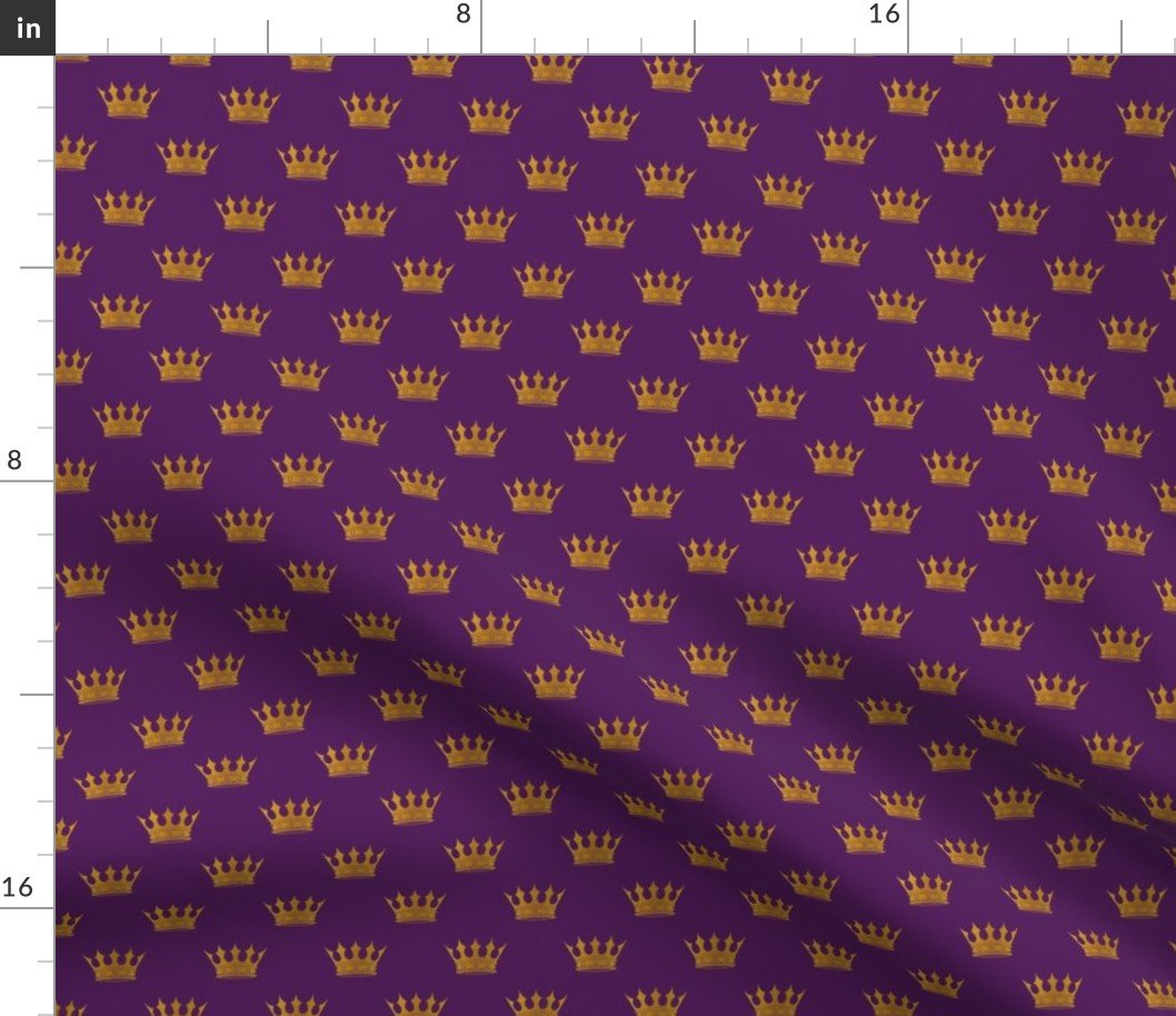 Small 1 Inch Gold Crowns on Royal Purple Fabric Small 1 Inch Gold Crowns on Royal Purple Fabric