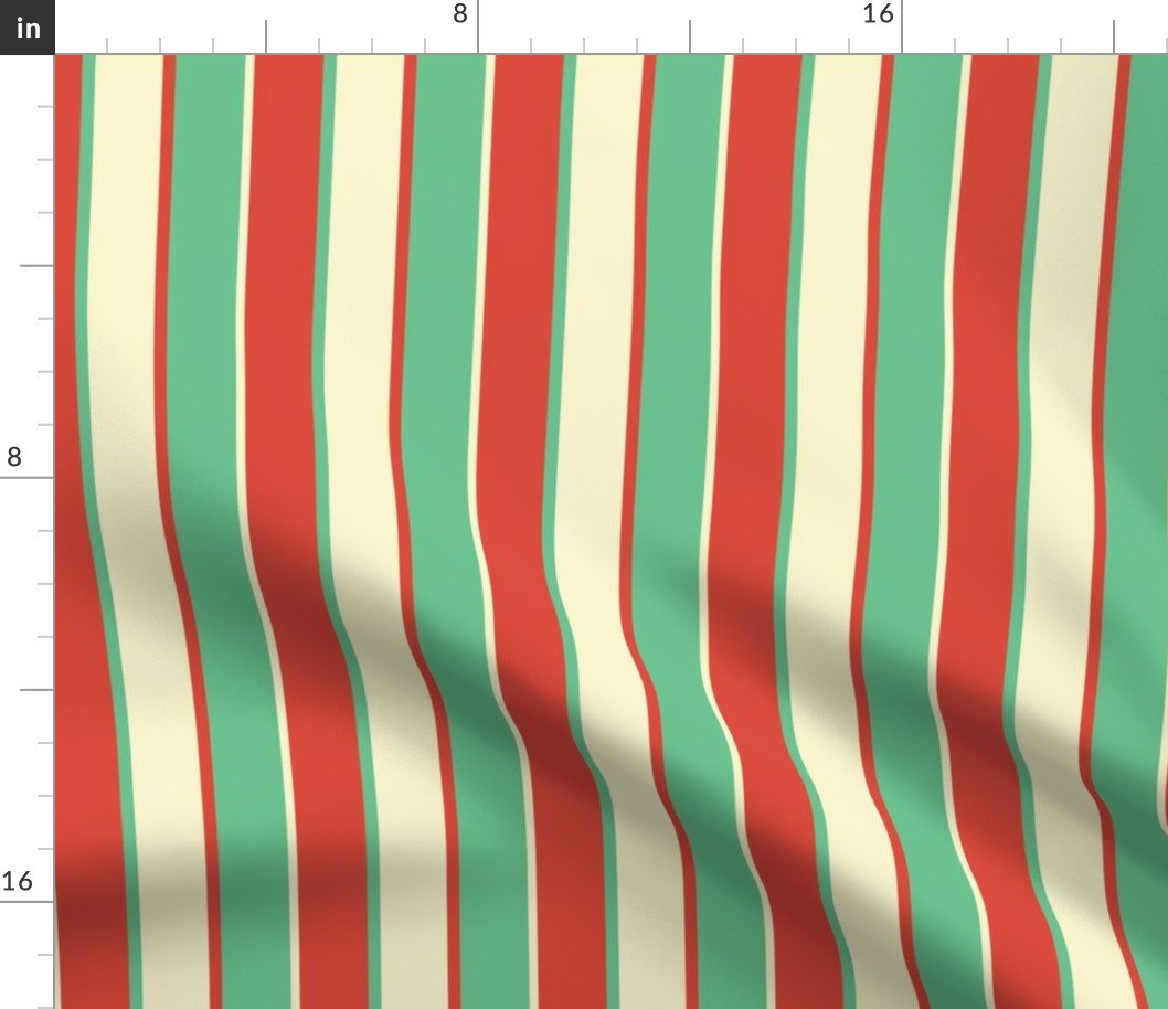Small Alternating Red Vermillion, Green and Yellow Gold Vintage Christmas Stripe Fabric