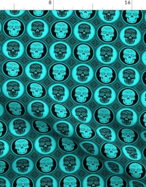 Small Aqua Blue and Black Skulls Calaveras Day of the Dead Dia de los Muertos Fabric