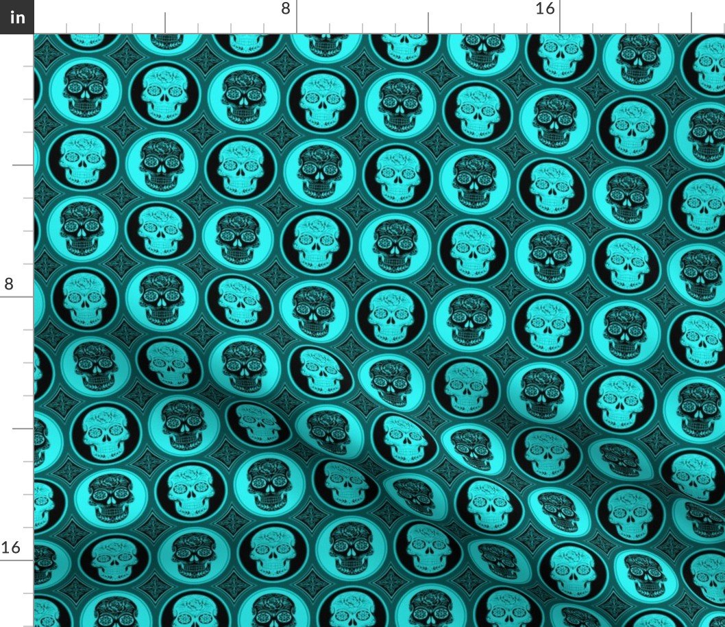 Small Aqua Blue and Black Skulls Calaveras Day of the Dead Dia de los Muertos Fabric