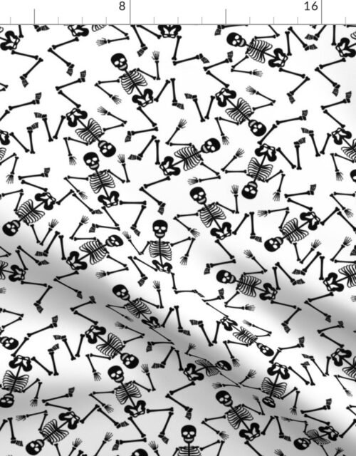 Small Black  Dancing Halloween Skeletons Scattered On White Fabric
