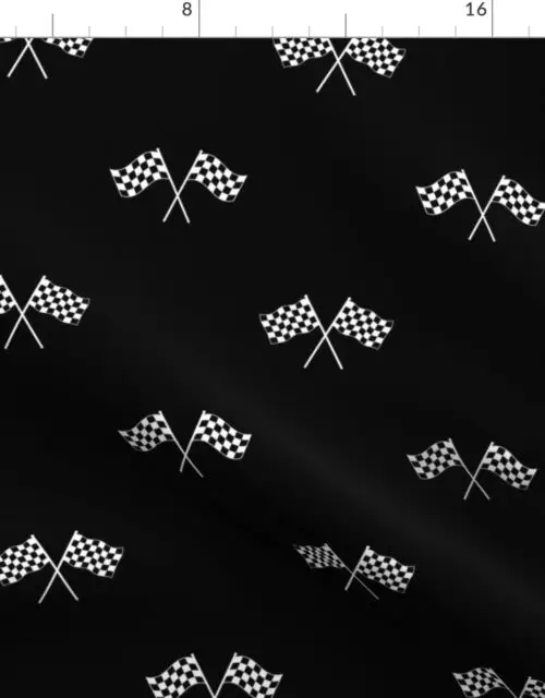 Small Black and White Classic Chequered Flags on  Black Fabric