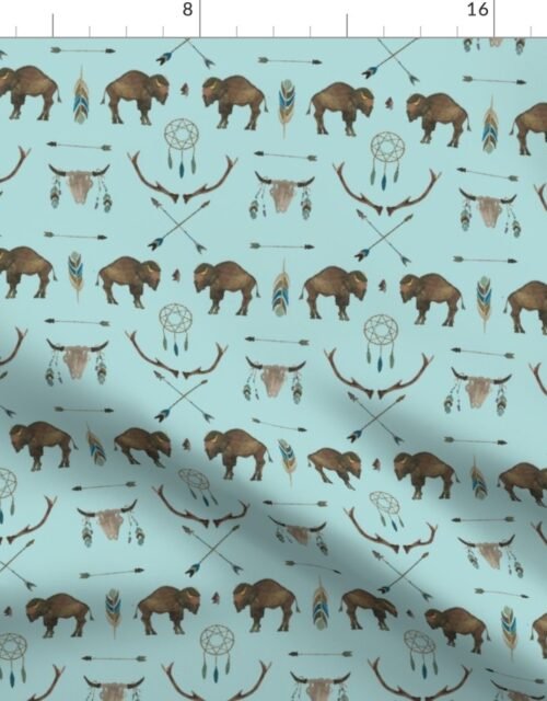 Small Blue Sky Buffalo Handpainted Western Motifs Fabric