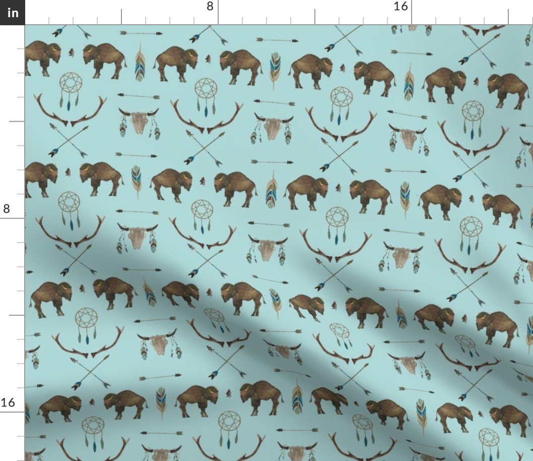 Small Blue Sky Buffalo Handpainted Western Motifs Fabric Small Blue Sky Buffalo Handpainted Western Motifs Fabric