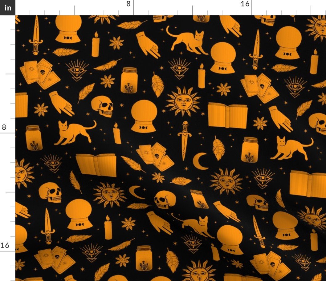 Small Bright Dayglo Orange Halloween Motifs Skulls, Spells & Cats on Spooky Black Fabric