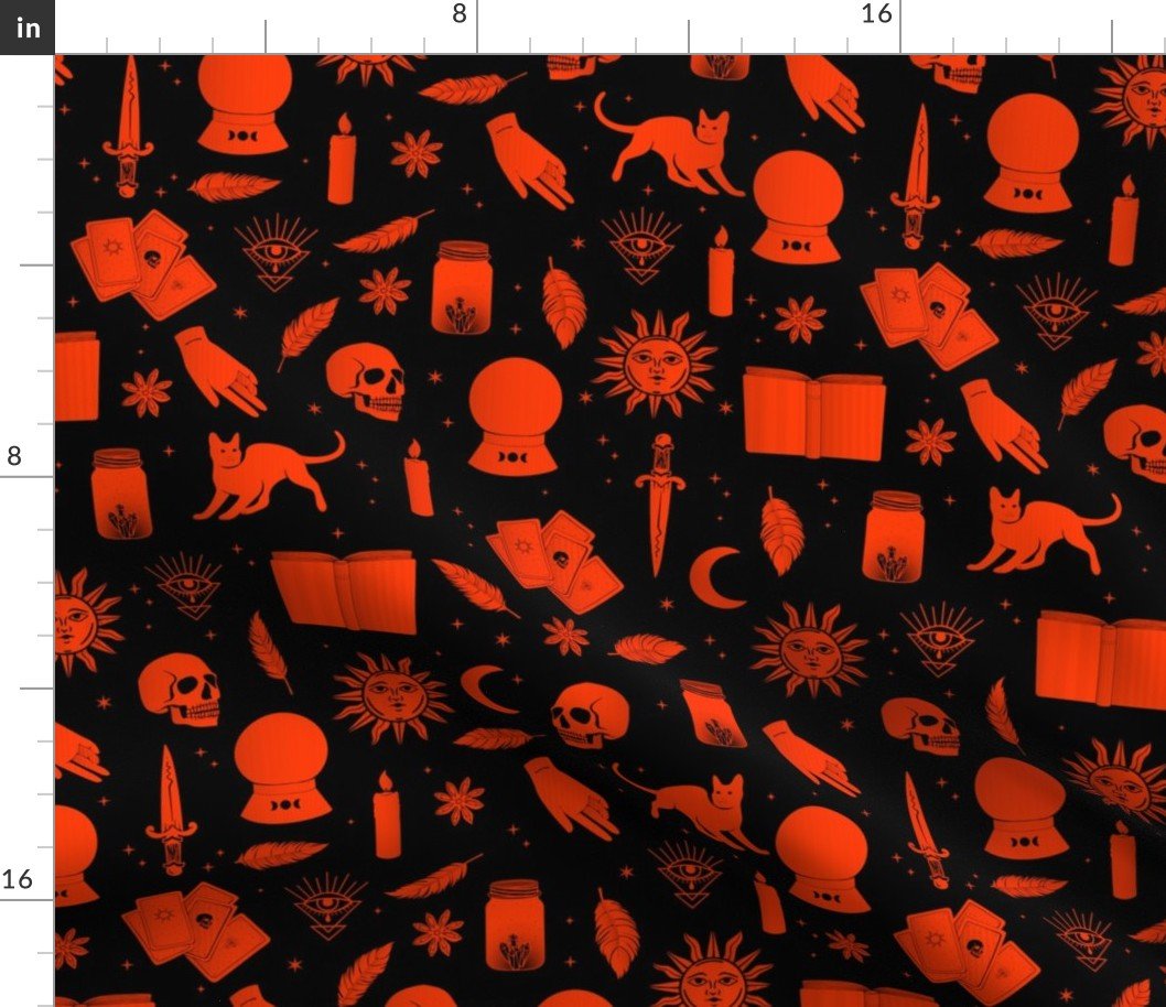 Small Bright Dayglo Red Halloween Motifs Skulls, Spells & Cats on Spooky Black Fabric