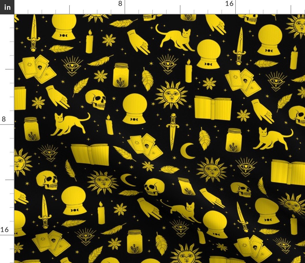 Small Bright Dayglo Yellow Halloween Motifs Skulls, Spells & Cats on Spooky Black Fabric Small Bright Dayglo Yellow Halloween Motifs Skulls, Spells & Cats on Spooky Black Fabric