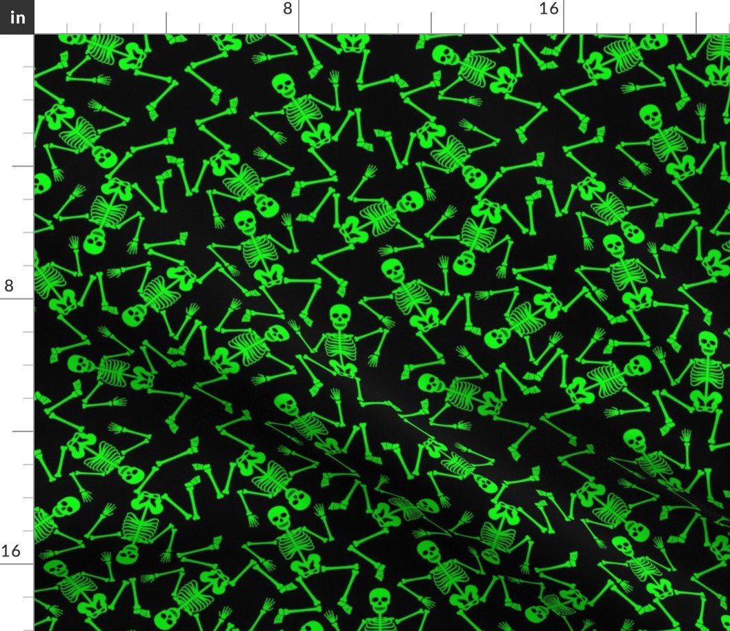 Small Bright Green Dancing Halloween Skeletons Scattered On Black Fabric Small Bright Green Dancing Halloween Skeletons Scattered On Black Fabric