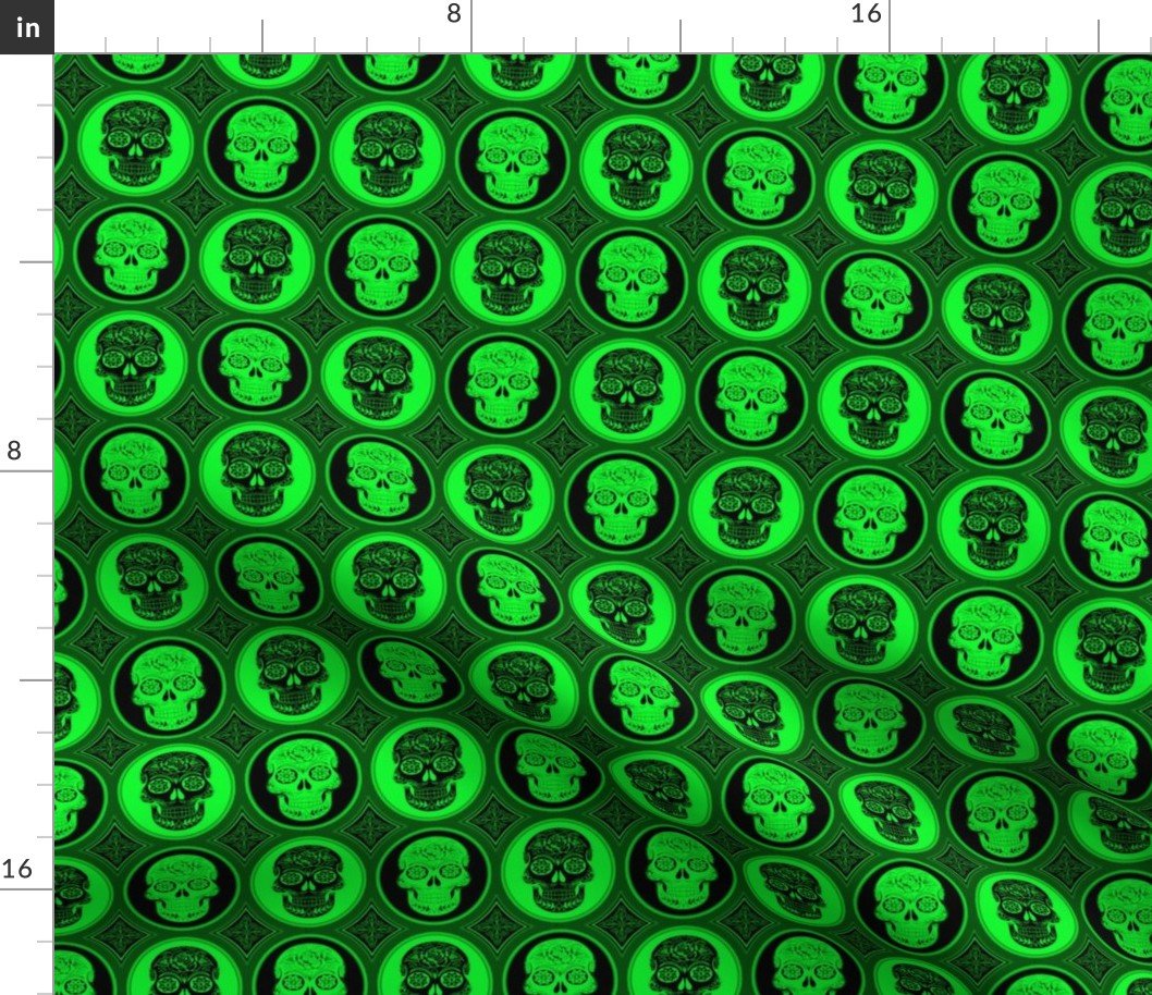 Small Bright Green and Black Skulls Calaveras Day of the Dead Dia de los Muertos Fabric
